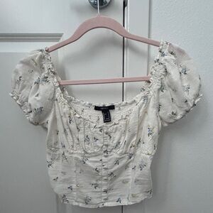 Forever 21 Cream Floral Puff Sleeve Blouse